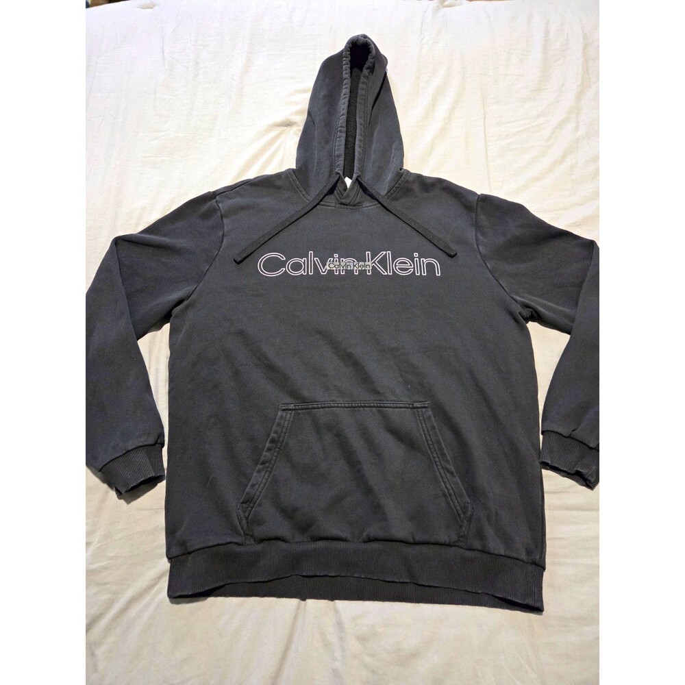 Calvin Klein Monogram Logo Hoodie Mens Large Black Fleece Pullover Sweatshirt